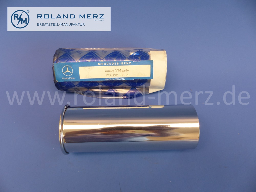 1234920614 Blende, Auspuffblende, Abgasendrohr, Mercedes W107, W114, W116, 280SL, 280SLC, 350SL, 350SLC, 450SL, 450SLC, 280S, 280SE, 280SEL, 350SE, 450SE, 450SEL, E. 1094920314, L. 130mm , Original Mercedes Neuteil, NOS 