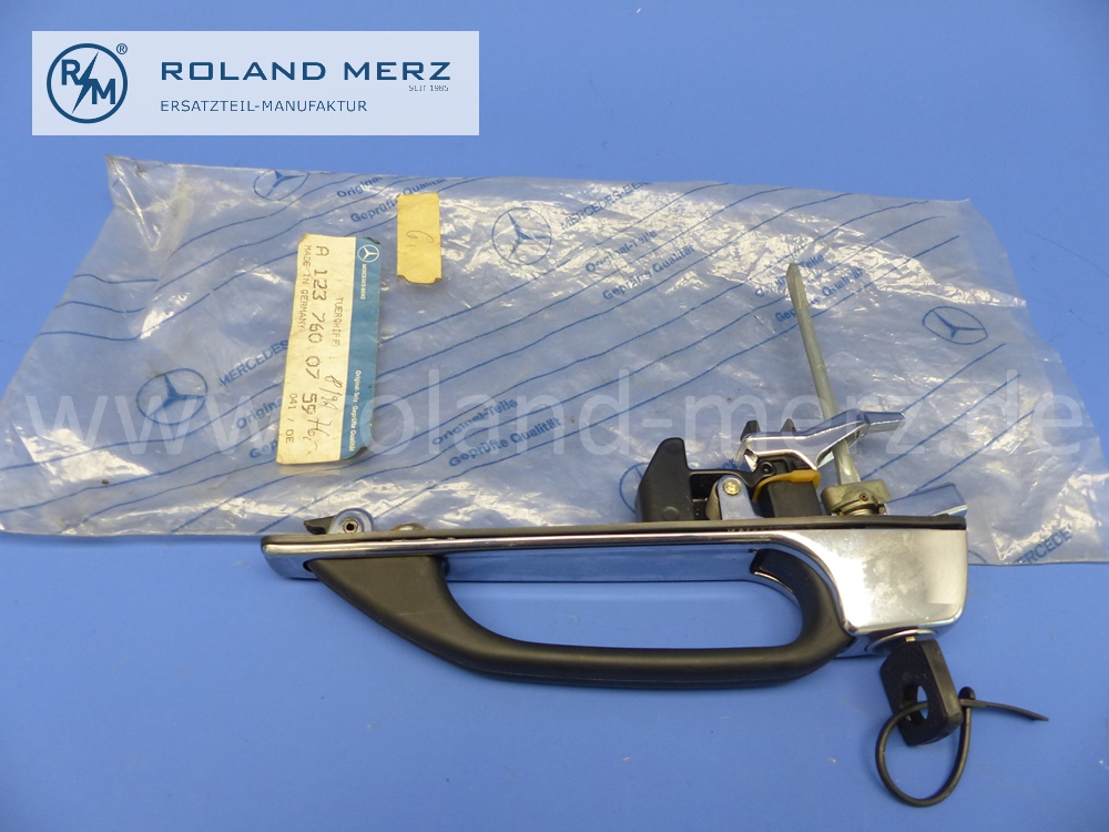 1237600759 Türgriff links, mit Schlüssel, Werkstattausführung, beliebige Schließung, Mercedes W123, Original Mercedes Neuteil, NOS 