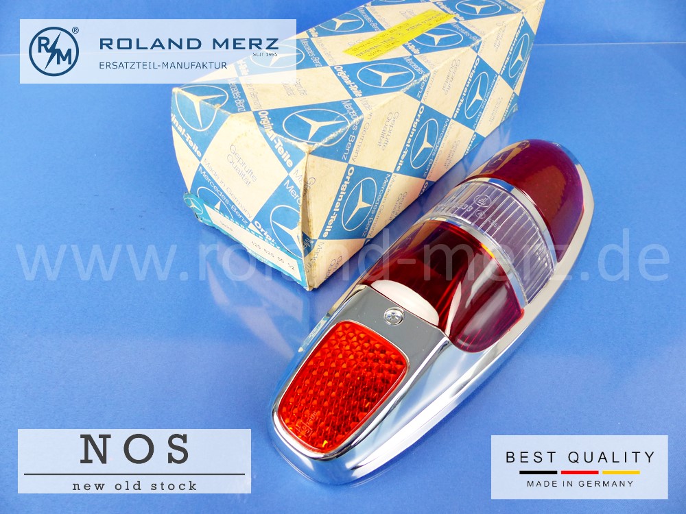 120 826 00 52 Rücklichtdeckel Originalausführung in Metall rot-weiß-rot für Mercedes 180b,c, Db, Dc, 190b, Db