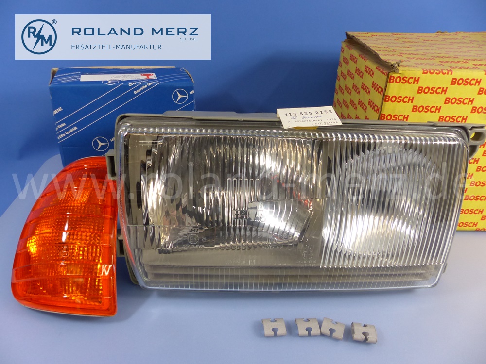 1238200259 Bosch Leuchteinheit, Scheinwerfer, H4, rechts, mit Blinkleuchte, Rechtsverkehr, Mercedes W123, Original Mercedes Neuteil, NOS 