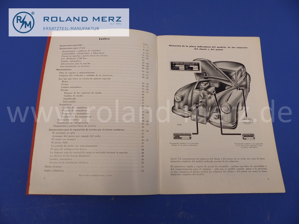 Betriebsanleitung, Bedienungsanleitung, spanisch, Mercedes W186, 300c Automatik, Ausgabe 03/1956, Edition A, 52 Seiten, neuwertiges Mercedes Original Dokument, NOS 