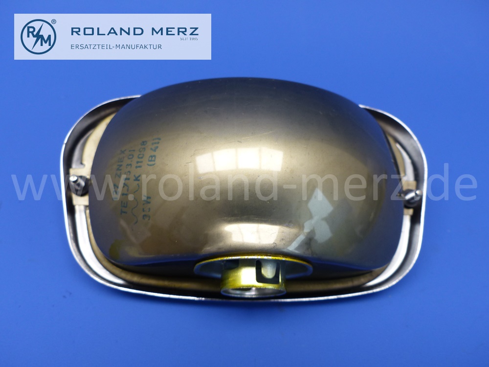 127ZNEX Nebelscheinwerfereinsatz komplett, Hella, 35 W, gelb, Glas K 11 098, 123 x 70 mm, Chromrahmen, Reflektor, für VW, Mercedes, Porsche 356, original Hella Neuteil, NOS 