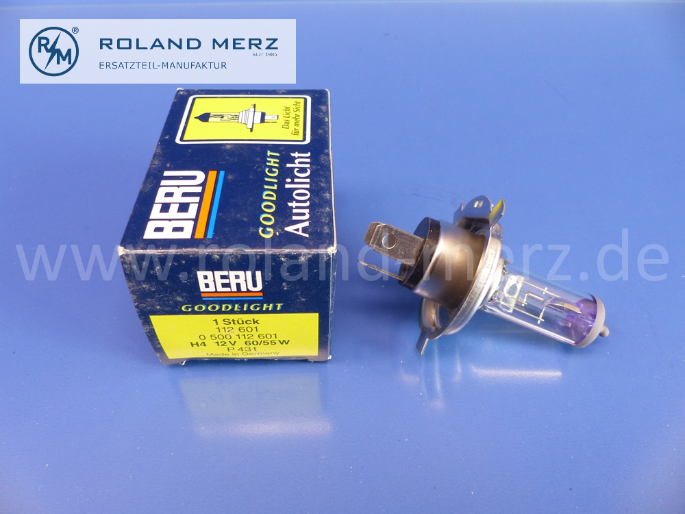 112601 Glühlampe H4, Abblendlicht, 12V, 60/55W, P43t, Beru 0500112601, UV reduziert, Original BERU Neuteil, NOS 