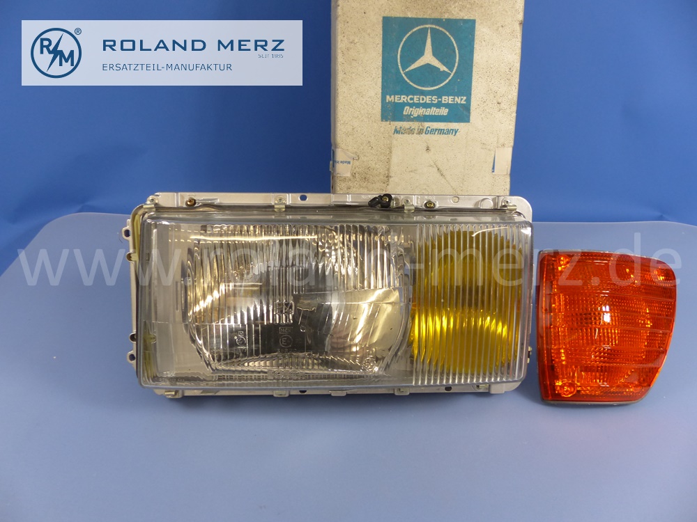 1168204161 Bosch Leuchteinheit, Scheinwerfer, links, mit Blinkleuchte, gelbe Nebellampe, Rechtsverkehr, Mercedes W116, Original Mercedes Neuteil, NOS 