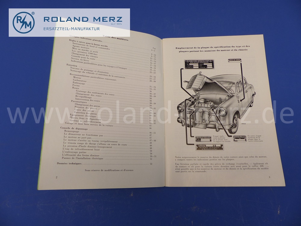 operating manual, french, Mercedes W121, Ponton, 190