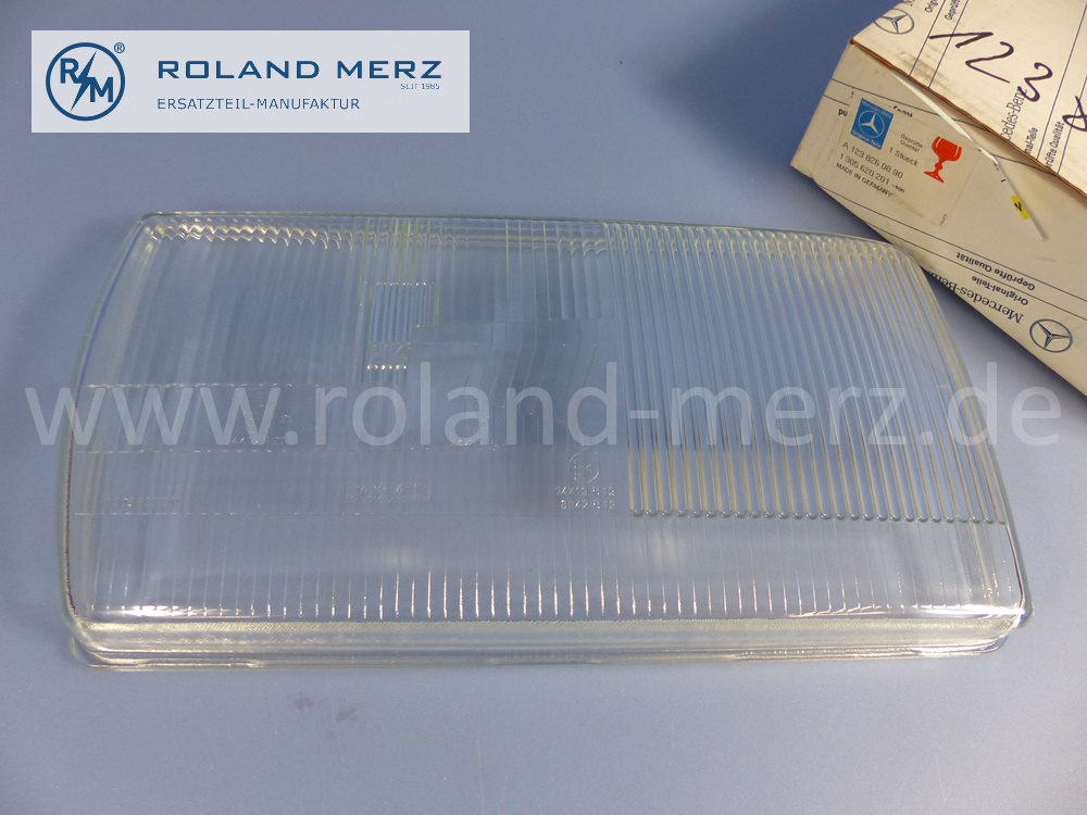 1238260890 Bosch Lichtscheibe, Abdeckglas Scheinwerfer rechts, H4, Rechtsverkehr, Mercedes W123, Original Mercedes Neuteil, NOS 