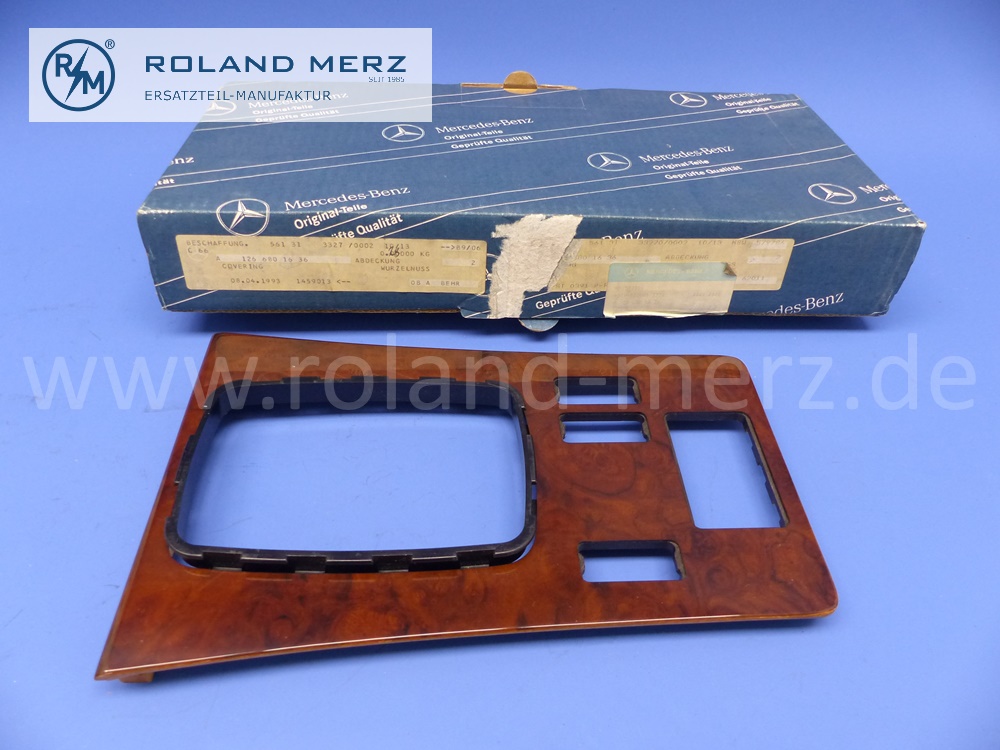 1266801636 Deckel, Abdeckung Mittelkonsole, Wurzelnuss, Mercedes W126, original Mercedes Neuteil, NOS