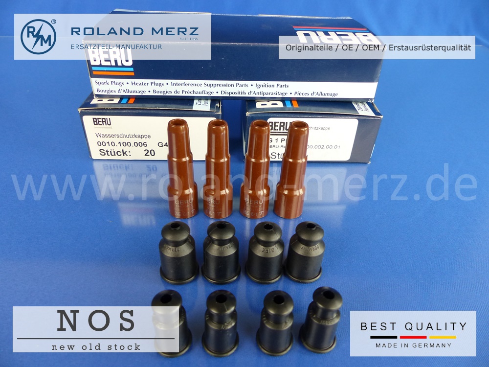 62mm-Kerzenstecker08 4-Zyl. Satz Beru BE 6/1 Zündkerzenstecker entstört mit Beru G1 PK und G4 P7 Wasserschutzkappen