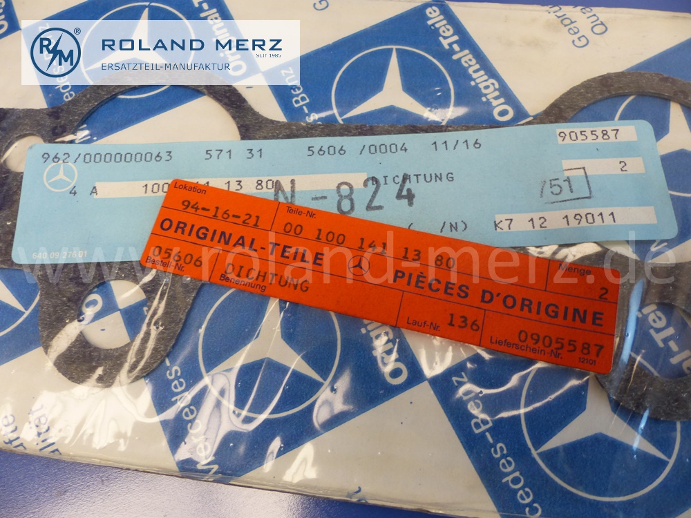 1001411380 Dichtbeilage Saugrohr und Abgaskrümmer, links, Mercedes Motor V8, M100, M100.985, W116, 450SEL 6.9, Original Mercedes Neuteil, NOS 