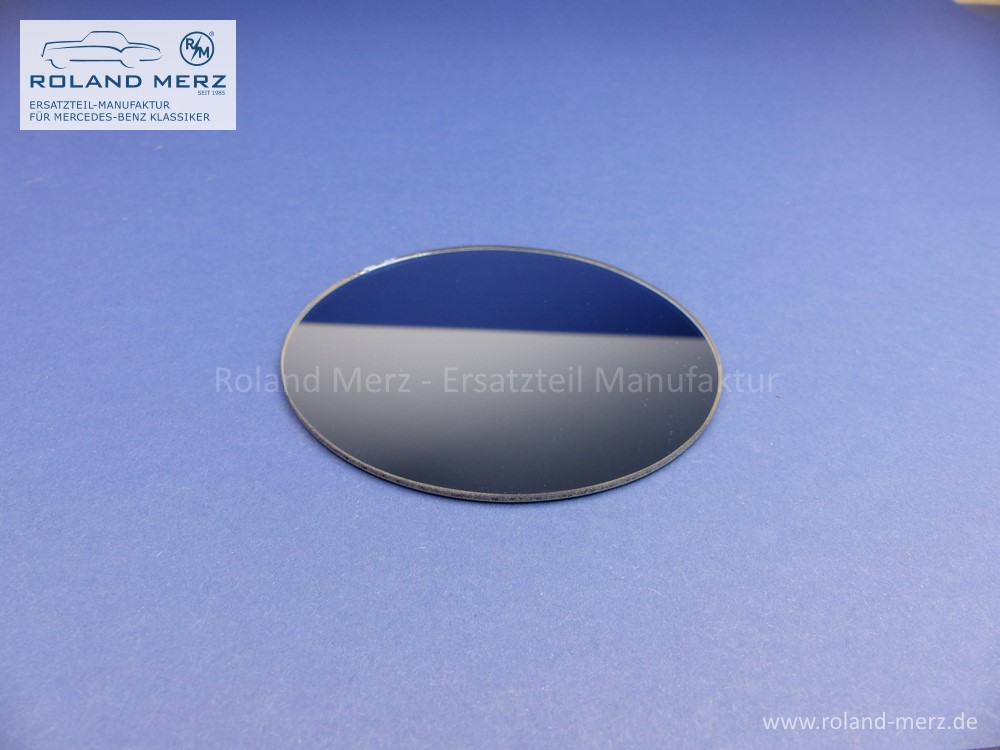 Spiegelglas rund plan blaugetönt mit Randversieglung und Splitterschutzfolie