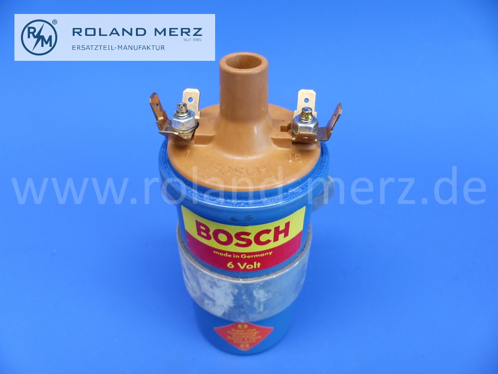 0221124001 Bosch Zündspule K 6V, 6 Volt, für Porsche 356 B 1600 Super 75 und Super 90 blaue Hochleistungszündspule aus deutscher Produktion, Original Bosch Neuteil, NOS 