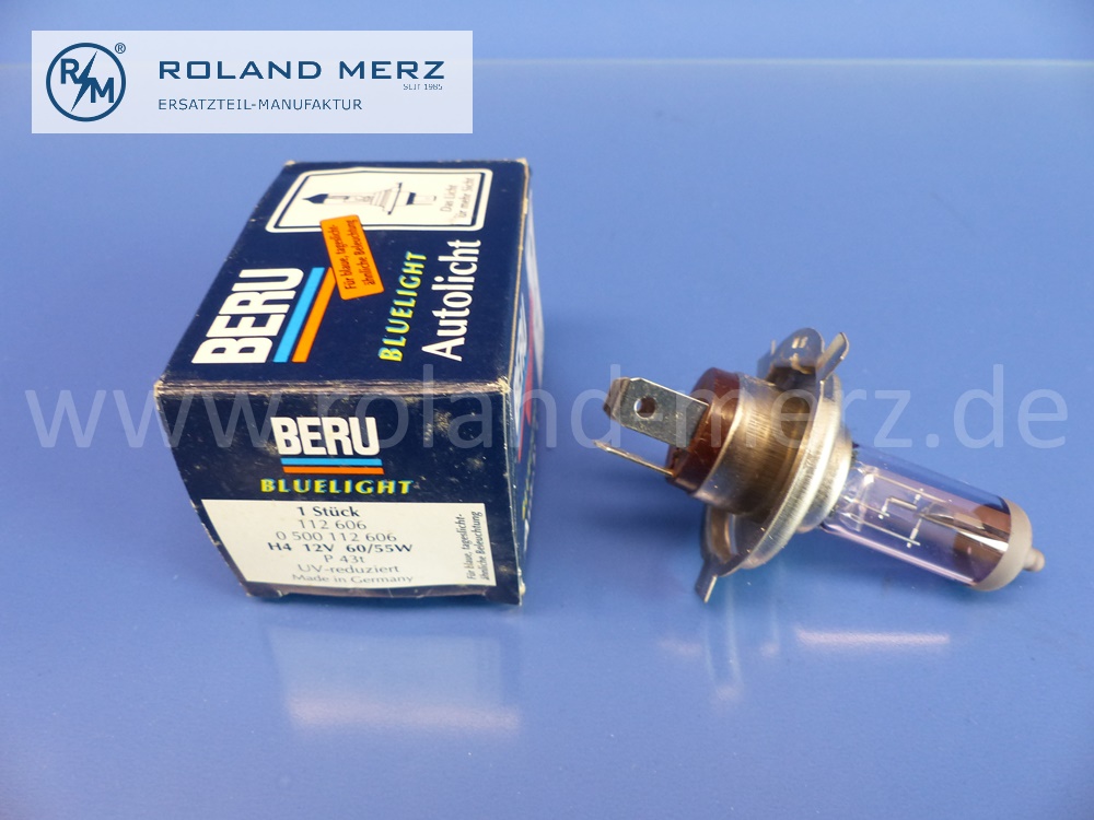 112606 Glühlampe H4, Abblendlicht, Bluelight, 12V, 60/55W, P43t, Beru 0500112606, UV reduziert, Original BERU Neuteil, NOS 