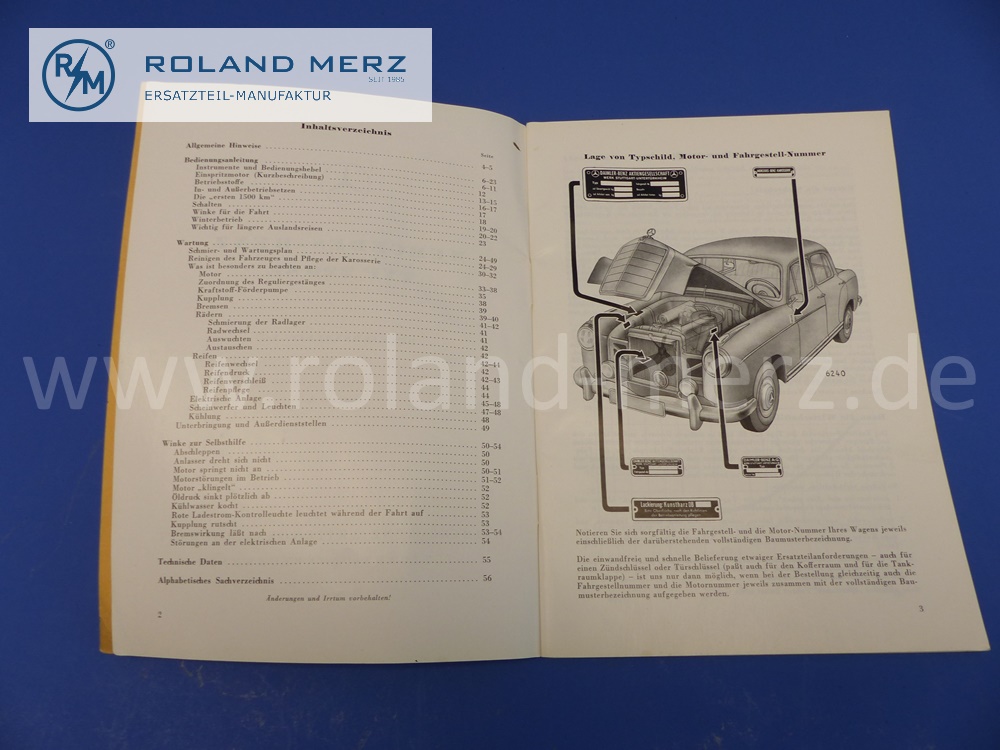 operating manual, german, Mercedes W128, Ponton, 220SE, edition 08/1958, 56 pages, edition A, original Mercedes document, NOS 