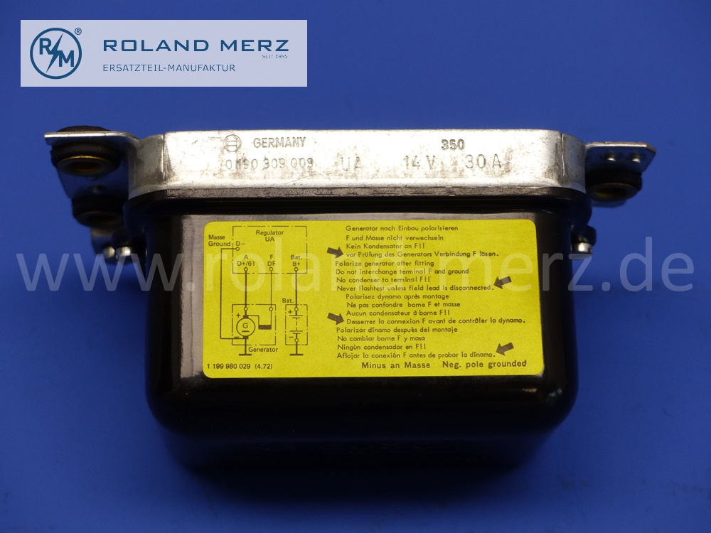 0190309009 Regler, Generatorregler DC, Bosch, 12 V 30 A (UA/14 30A) Mercedes W110, W111, 220SEb Cp/Cb, 220b, 220Sb, 190c, 190Dc, L710, L911, L1113, Renault Caravelle, Skoda 100L, ATLAS, Volvo Penta, Original Bosch Neuteil, NOS